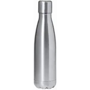A drink bottle in shiny silver stainless steel with a tapered design and a screw-on top. Features a logo.
