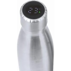 A drink bottle made of stainless steel with a silver finish and a digital temperature display at the top.