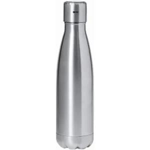 A drink bottle in silver stainless steel with a narrow neck and a flat base, featuring a logo on the side.