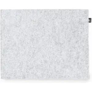 A rectangular, light grey placemat with a textured finish and a small branding label.