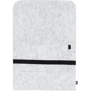 A yoga mat in grey with a textured surface and a black strap for carrying. It features a pocket on the side.
