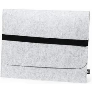 A grey felt document folder with a black elastic band closure. It features a sleek design and has a logo.
