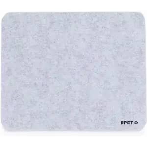 A mat in a textured light grey colour, featuring a logo in the bottom right corner.
