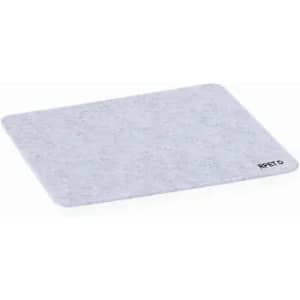 A flat, rectangular grey felt product with rounded corners. It features a small logo in the bottom corner.