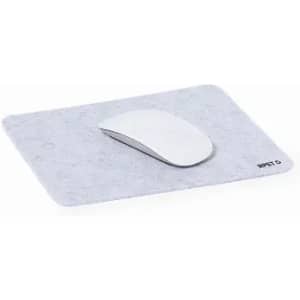 A mouse pad in light grey with a white mouse on top. It features a small logo in the bottom corner.