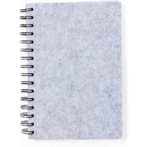 A grey spiral-bound notebook with a textured cover and black coil binding.