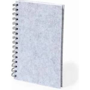 A grey spiral-bound notebook with a textured cover, featuring a decorative spine.