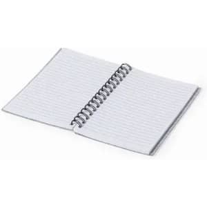 A spiral-bound notebook with lined pages, featuring a grey cover and visible spiral binding.