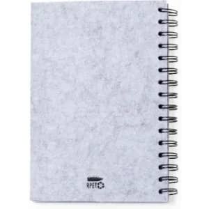 A grey spiral-bound notebook with a textured cover and a small logo on the bottom.