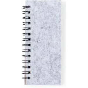 A grey notebook with a spiral binding, featuring a textured cover and a compact design.