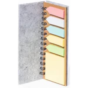 A notebook with a grey cover featuring spiral binding and five colourful tabs in pink, white, blue, green, and yellow.