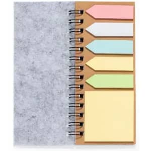 A notebook with brown spiral binding, featuring pastel-coloured sticky notes in pink, white, blue, green, and yellow.