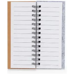 A notebook featuring grey and brown covers with lined pages and a spiral binding, open to display its interior.