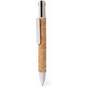A pen with a cork grip and a silver clip, featuring a white barrel and a retractable tip.
