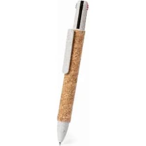 A pen with a cork grip and a white barrel, featuring a clip and black ink. It has a simple, modern design.