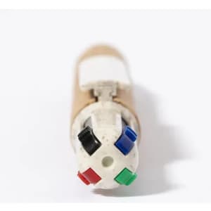 A multi-coloured pen with black, blue, red, and green ink options, featuring a beige body and a white clip.