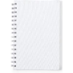 A spiral-bound notebook with a textured white cover. It features silver coils along the spine.