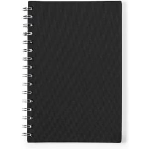 A black spiral-bound notebook with a textured cover. It has metal rings along the spine for organisation.