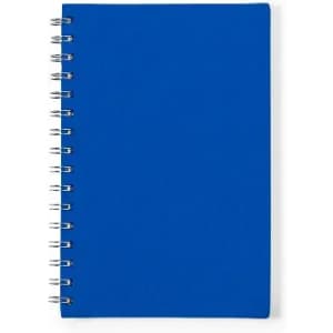 A blue spiral-bound notebook with a plain cover and silver binding.