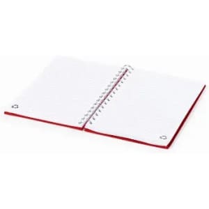 A spiral-bound notebook with white pages and a red cover, featuring a logo in the corner.