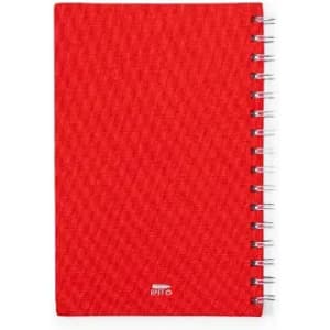 A red spiral-bound notebook with a textured cover, featuring a logo on the front.
