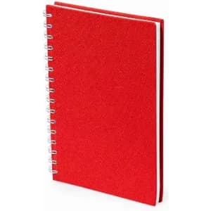 A red spiral-bound notebook with a textured cover and white pages. It features a metal coil binding.
