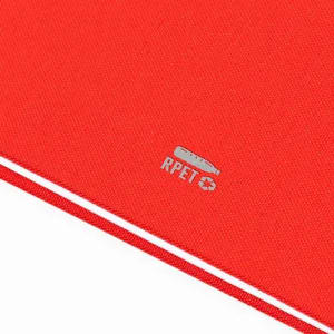 A drink bottle in vibrant red colour featuring a textured surface and a logo.