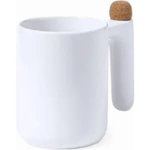 A white mug with a unique handle featuring a cork detail. Simple and modern design.