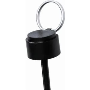 A drink bottle in black with a cap featuring a silver ring for easy opening.
