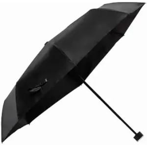 A black umbrella with a curved handle and an extended canopy. It features a logo on the fabric.