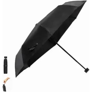 A black umbrella with a sleek design, featuring a handle and a compact folding mechanism. It has a logo.