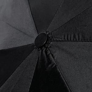 A black umbrella with a textured fabric and a central button, featuring a smooth, sleek design.