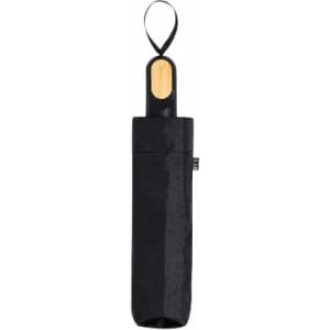 A black umbrella with a wooden handle, neatly stored in a matching black sleeve. Features a hanging loop for easy carrying.