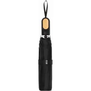 A black umbrella with a wooden handle, secured with a strap for easy carrying. It features a simple, sleek design.