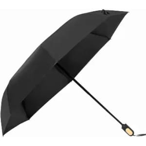 A black umbrella with a straight handle and a compact design, featuring a logo on the handle.