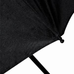 A black umbrella with a textured fabric and a black metal frame, featuring a simple design and no visible branding.