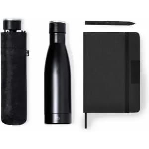 A drink bottle and a black notebook with a pen, presented with a black carrying case.