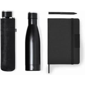 A drink bottle in matte black next to a black notebook and black pen, all displayed with a protective case.