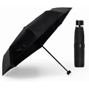 A black umbrella next to a black, compact folding umbrella with a strap. Both items feature a sleek design.