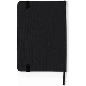 A black notebook with a textured cover, featuring an elastic band and a ribbon bookmark. It has a logo on the front.