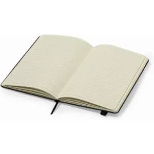 An open notebook with lined pages, featuring a black cover and a ribbon marker.