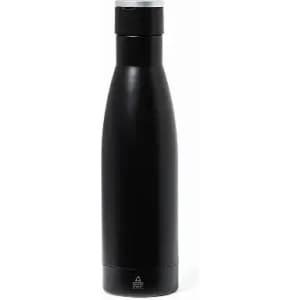 A drink bottle in matte black with a sleek design and a silver cap, featuring a branding logo.