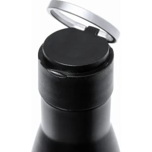 A drink bottle in matte black with a silver cap and a plastic opening mechanism, featuring a visible logo.