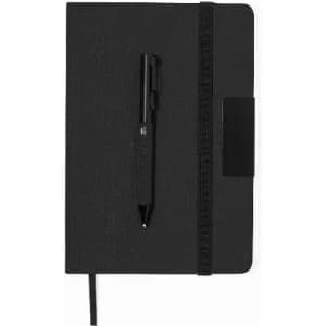 A black notebook with a pen attached, featuring a strap and an elastic band closure.