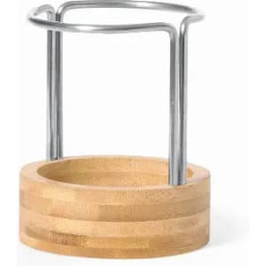 A bamboo and metal drink bottle holder with a cylindrical design and a secure grip for easy handling.