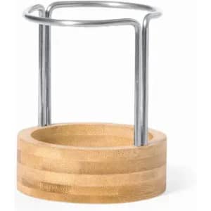 A drink bottle holder made of wood with a stainless steel handle, featuring a circular base and a simple design.