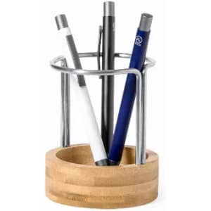 A pen holder made of bamboo with a metal wire frame, containing several pens in varied colours.
