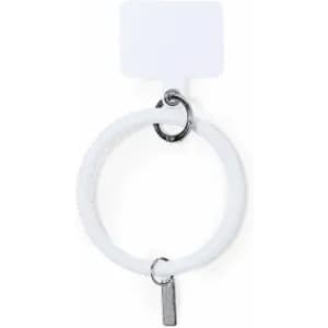 A keyring featuring a white circular design and a metallic tag, with a small attached ring for attachment.