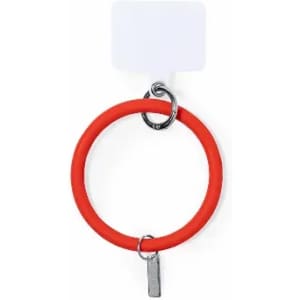 A red silicone keyring with metal attachments, featuring a circular design and a hanging tag.