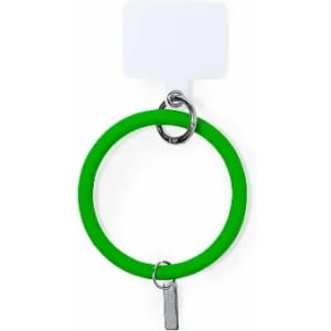 A green silicone keyring with a metal clasp and a small tag attached. It features a logo on the tag.